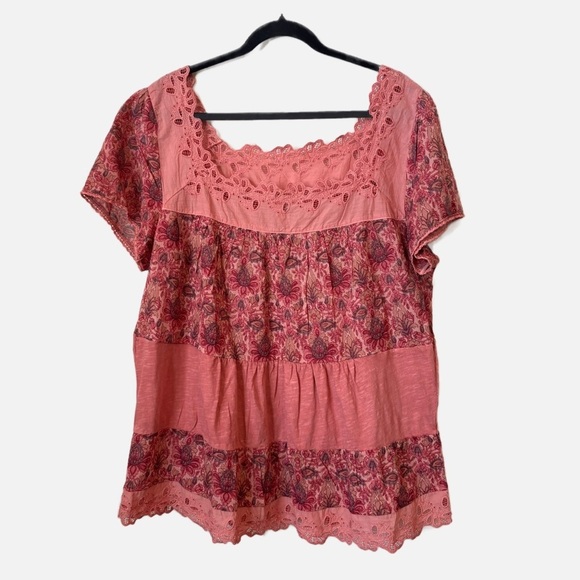 Lucky Brand Pink Floral Tiered Cap Sleeve Blouse Women's 2X Boho - Picture 9 of 9